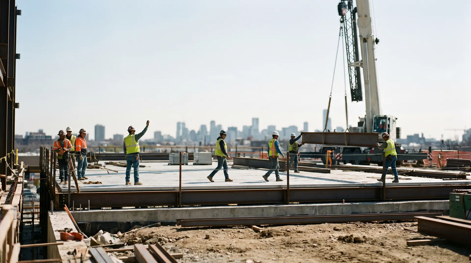 High-rise construction site with tower crane