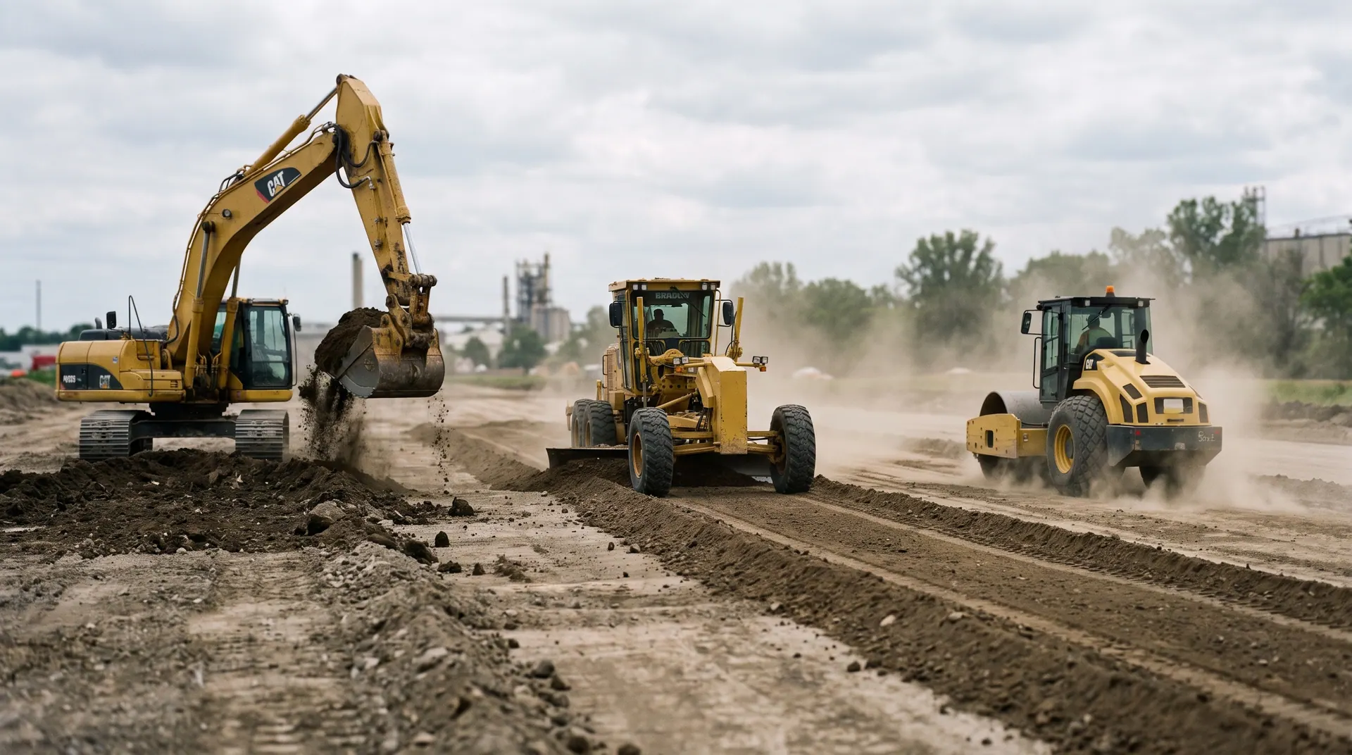 Excavator, grader and roller compactor