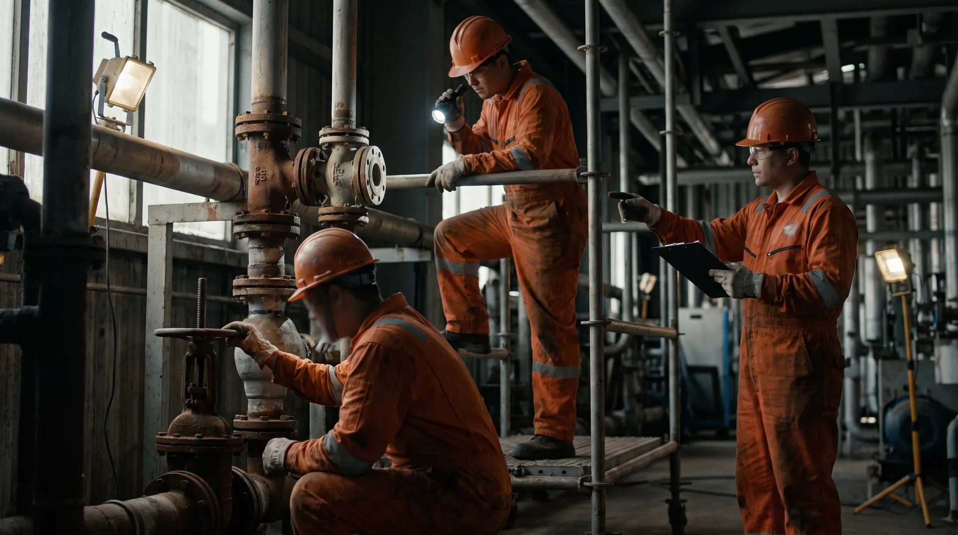 Maintenance technicians inspecting valves during a plant shutdown